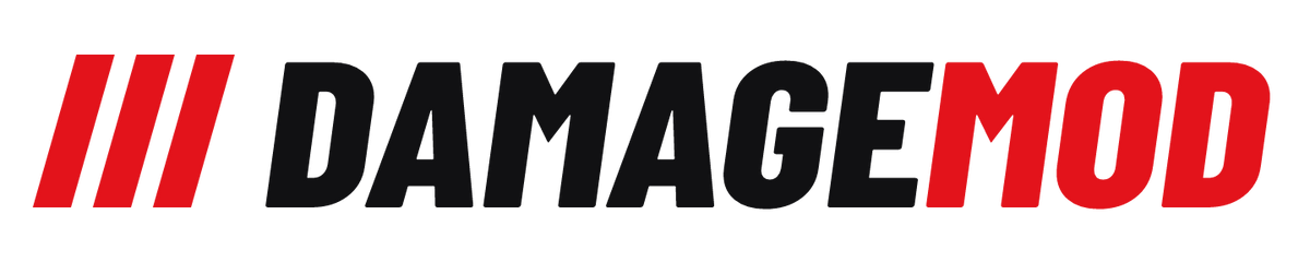 DamageMod logo with three red slashes, black DAMAGE lettering, and red MOD lettering.
